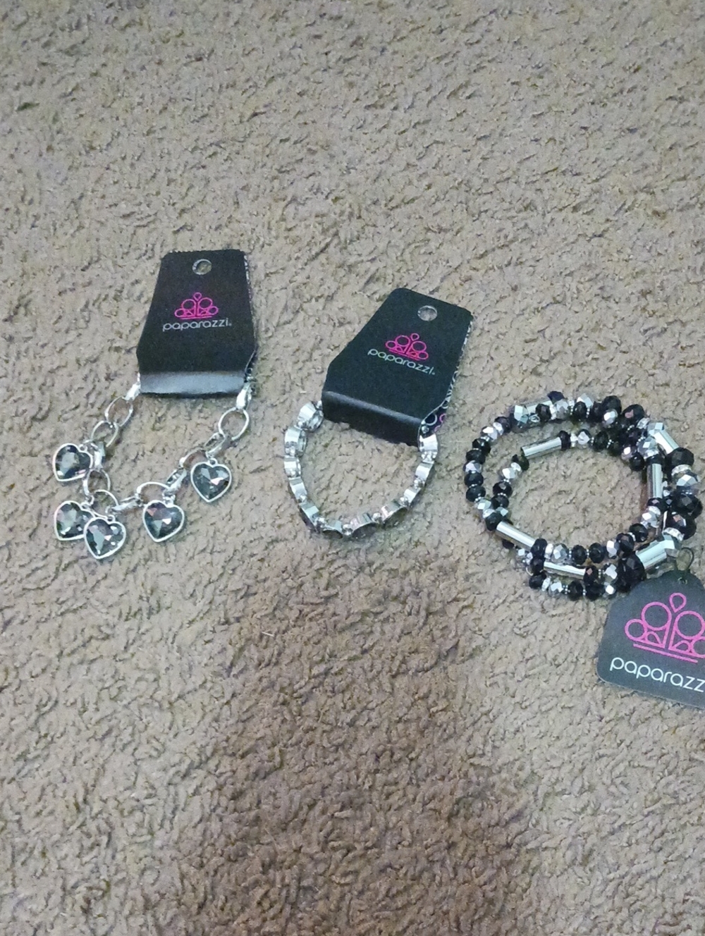 paparazzi Silver and Black Bracelet Set - Heart Charm, Link & Beaded Wrap